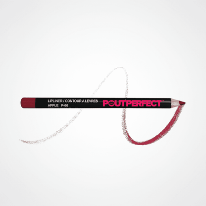 A Pout Perfect lip liner pencil in shade Apple P-56, shown horizontally with a white swatch line and a red swatch trail behind it on a white background. Apple