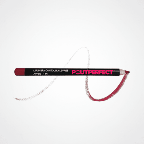 A Pout Perfect lip liner pencil in shade Apple P-56, shown horizontally with a white swatch line and a red swatch trail behind it on a white background. Apple