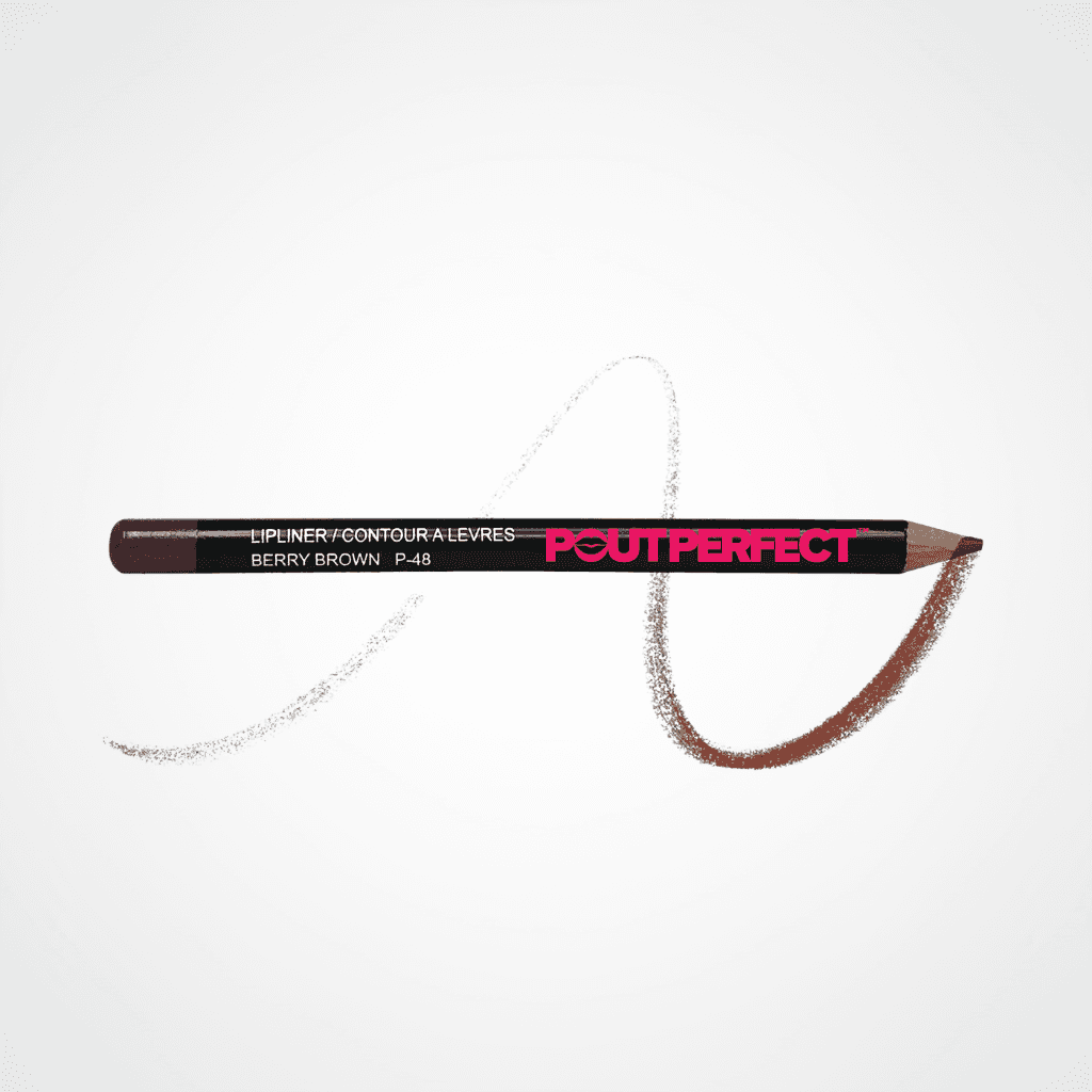 A Pout perfect lip liner pencil in the shade Berry Brown (P-48), shown horizontally with a white swatch of the brown makeup applied on a clean white background. Berry Brown
