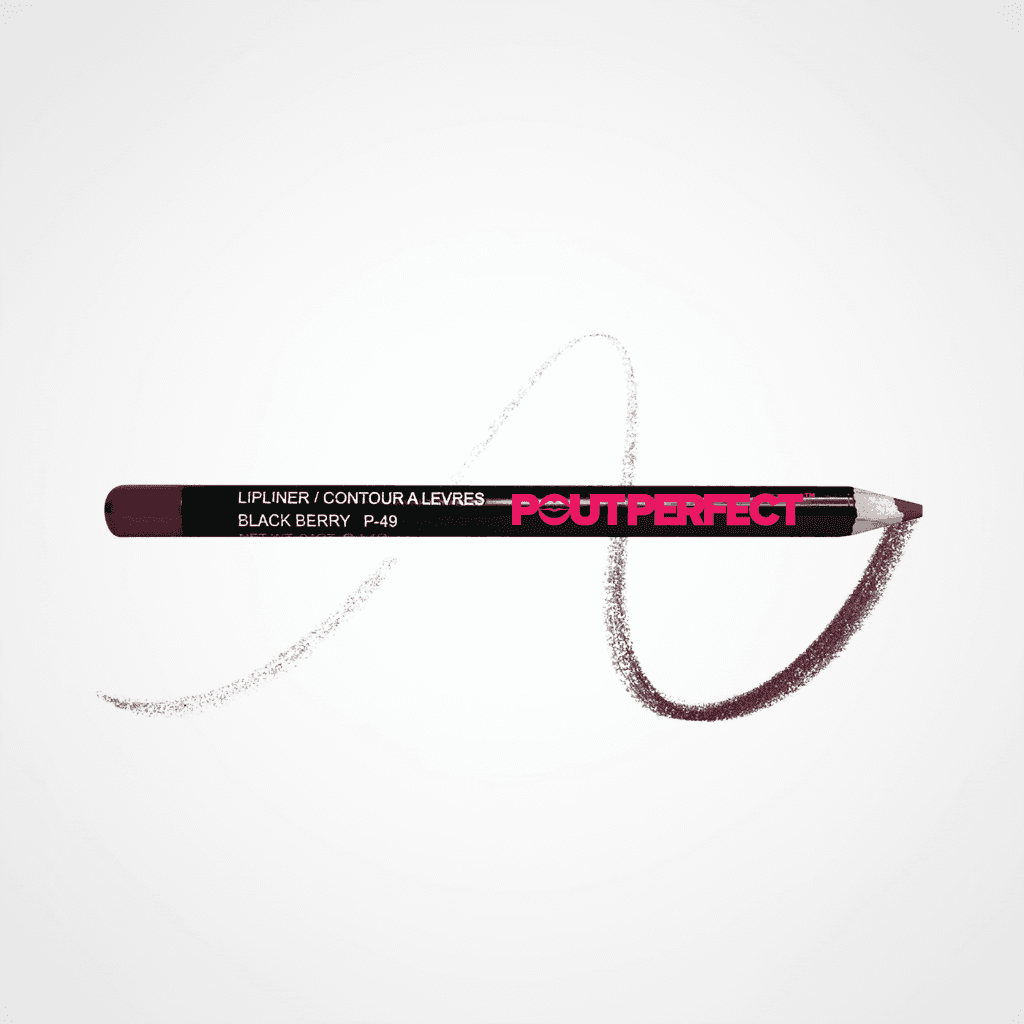 A single cosmetic lip liner pencil shown horizontally on a plain white background, with a white swatch line and a dark berry-brown makeup swatch extending behind it. The pencil is labeled 'POUTPERFECT' and 'BLACK BERRY P-49'. Blackberry 