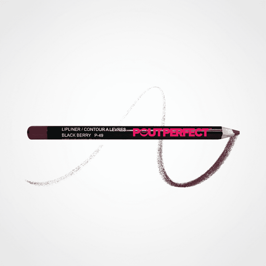 A single cosmetic lip liner pencil shown horizontally on a plain white background, with a white swatch line and a dark berry-brown makeup swatch extending behind it. The pencil is labeled 'POUTPERFECT' and 'BLACK BERRY P-49'. Blackberry 