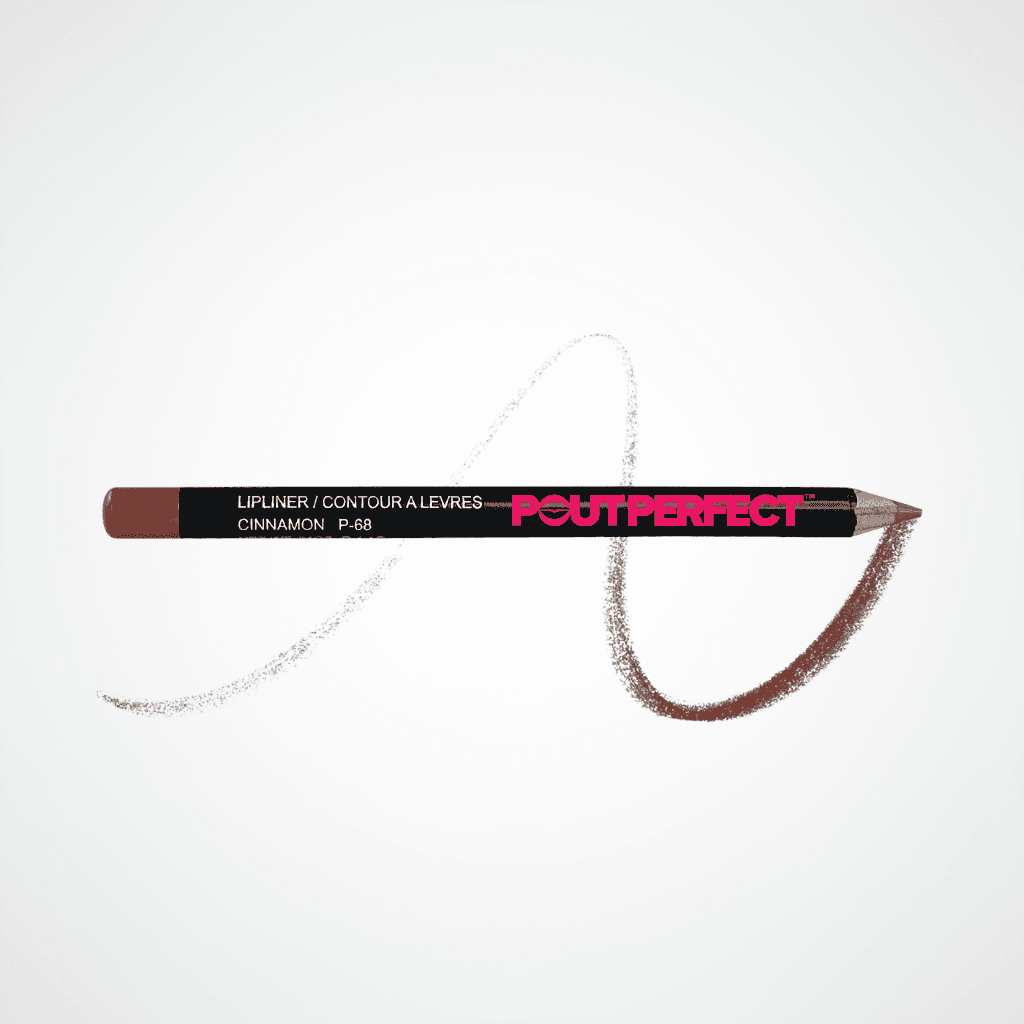 A Pout Perfect lip liner pencil in the shade Cinnamon, shown horizontally on a white background with a swirled makeup smear behind it. Cinnamon