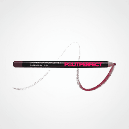 A Pout perfect lip liner pencil in the shade Raspberry P-54, shown horizontally with a textured swatch of the deep raspberry red makeup drawn above and to the right of the pencil on a clean white background. Raspberry