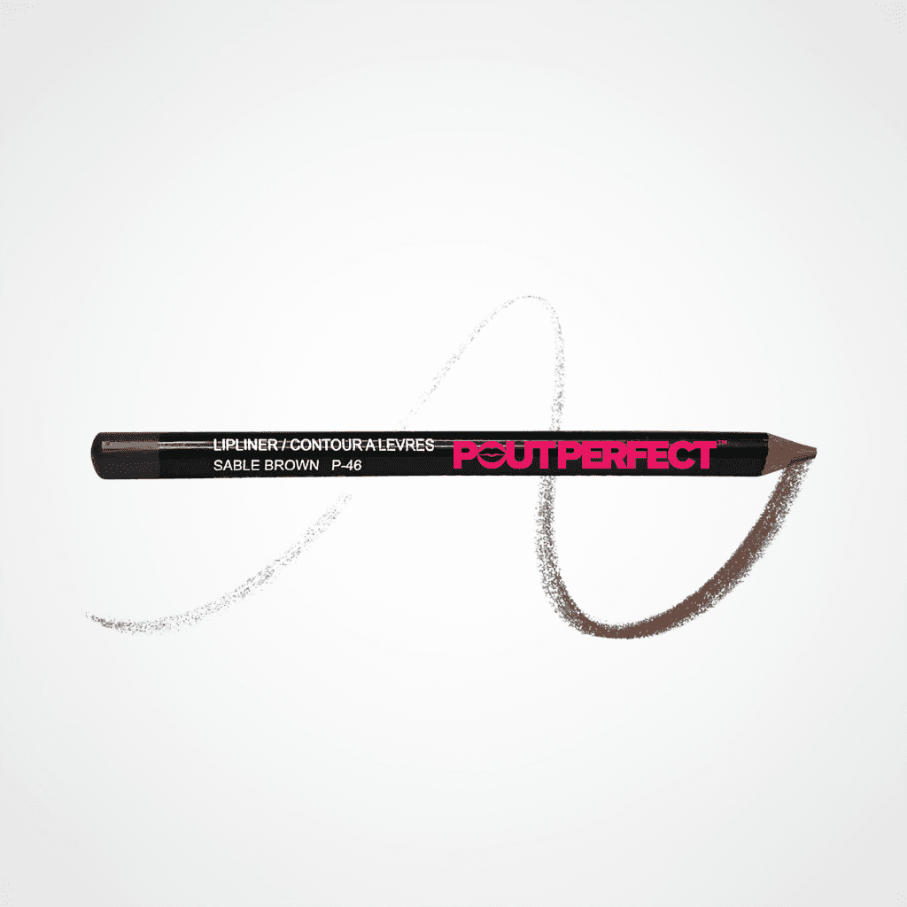 A Pout Perfect lip liner pencil in Sable Brown, shown horizontally with a white swatch line and a brown swatch smear behind it on a white background. Sable Brown
