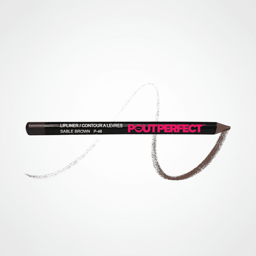 A Pout Perfect lip liner pencil in Sable Brown, shown horizontally with a white swatch line and a brown swatch smear behind it on a white background. Sable Brown