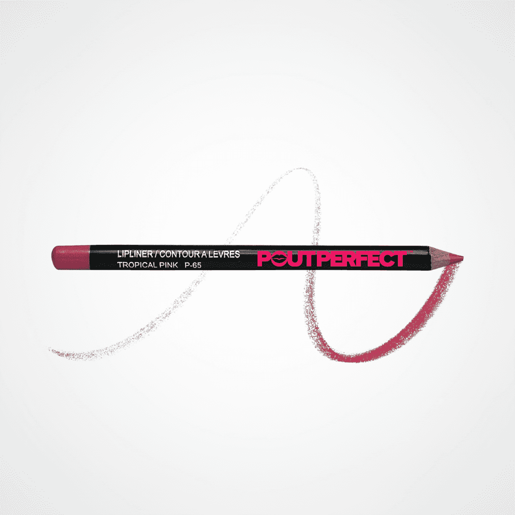 A Pout Perfect lip liner pencil in the shade Tropical Pink, shown horizontally on a clean white background with a glittery pink swatch drawn behind it. Tropical Pink