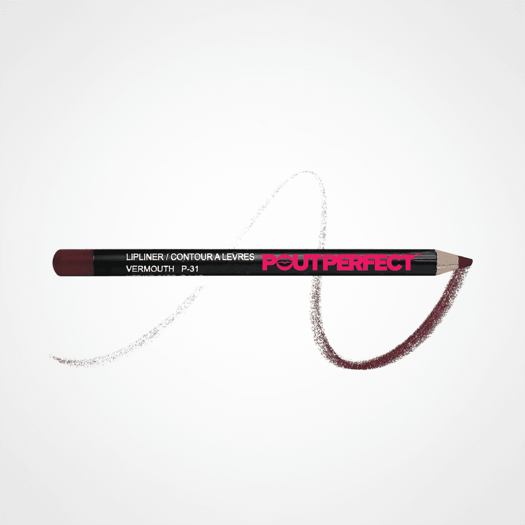 A Pout Perfect lip liner pencil in the shade Vermouth, shown horizontally with a textured swipe of the deep burgundy-brown formula behind it, on a clean white background. Vermouth