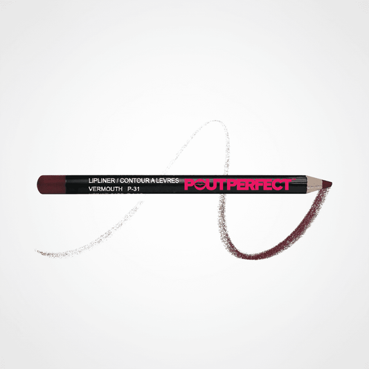 A Pout Perfect lip liner pencil in the shade Vermouth, shown horizontally with a textured swipe of the deep burgundy-brown formula behind it, on a clean white background. Vermouth