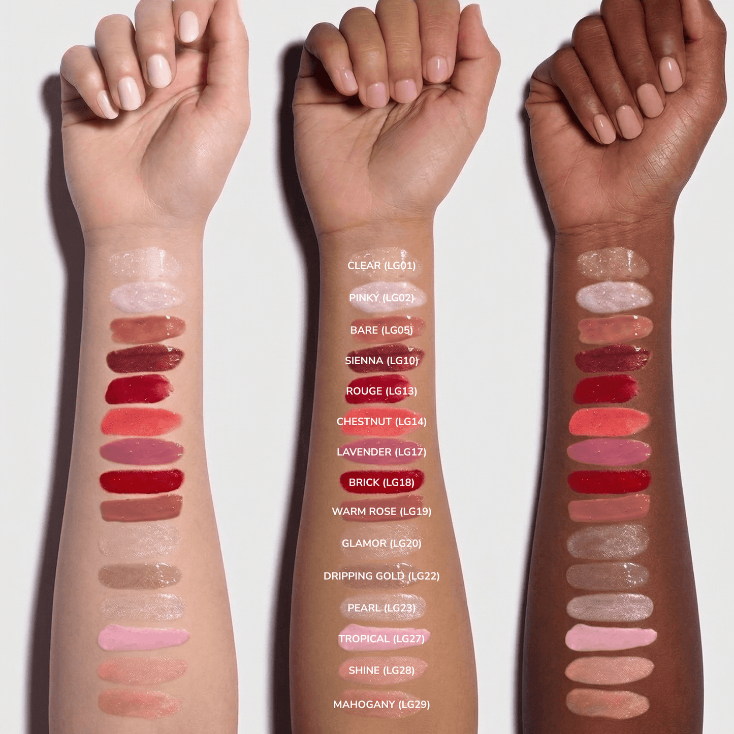 Lip swatches on three different skin tones with color names listed.