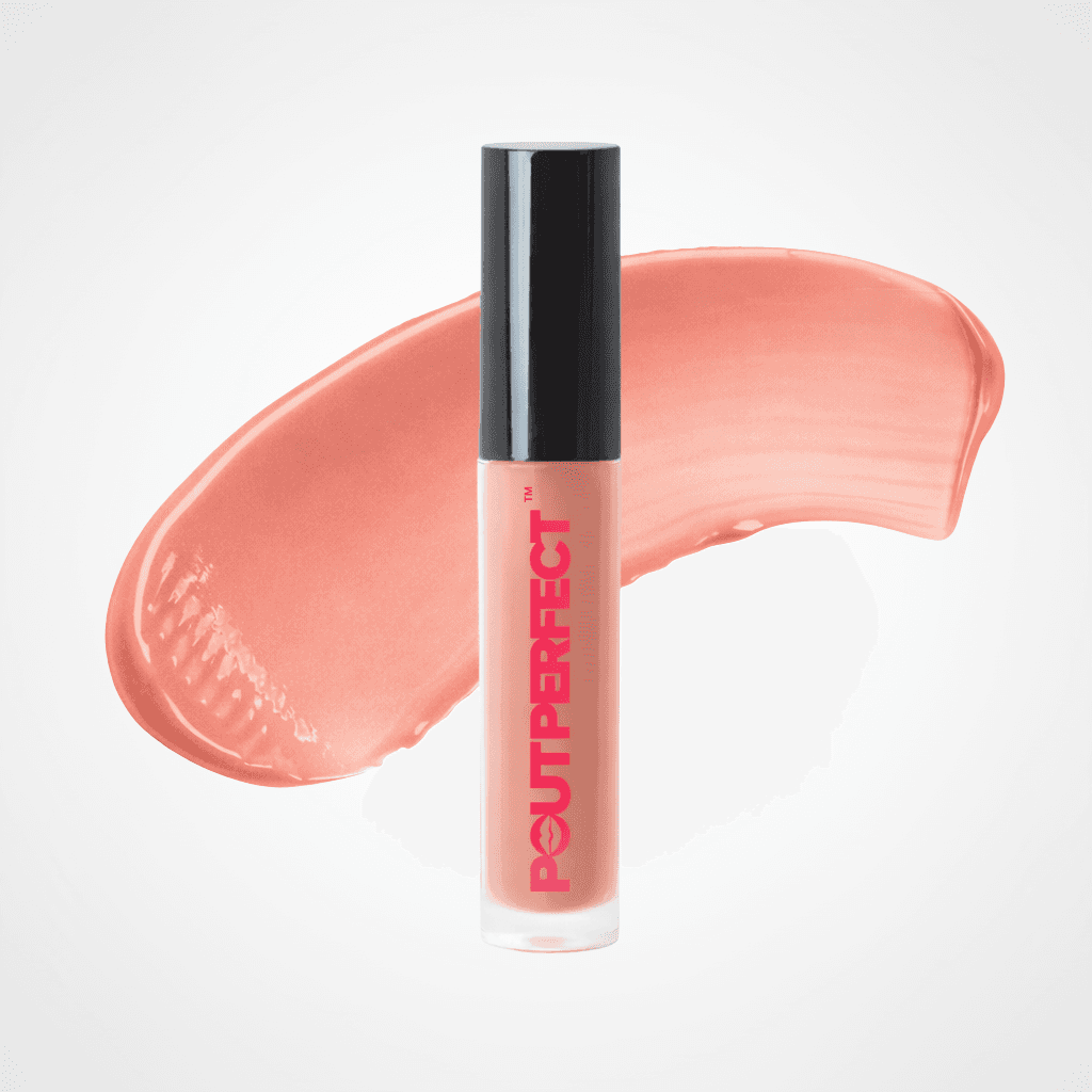 A tube of Pout perfect liquid lipstick in a peachy pink shade, standing upright in front of a matching textured product swatch on a clean white background. Bare