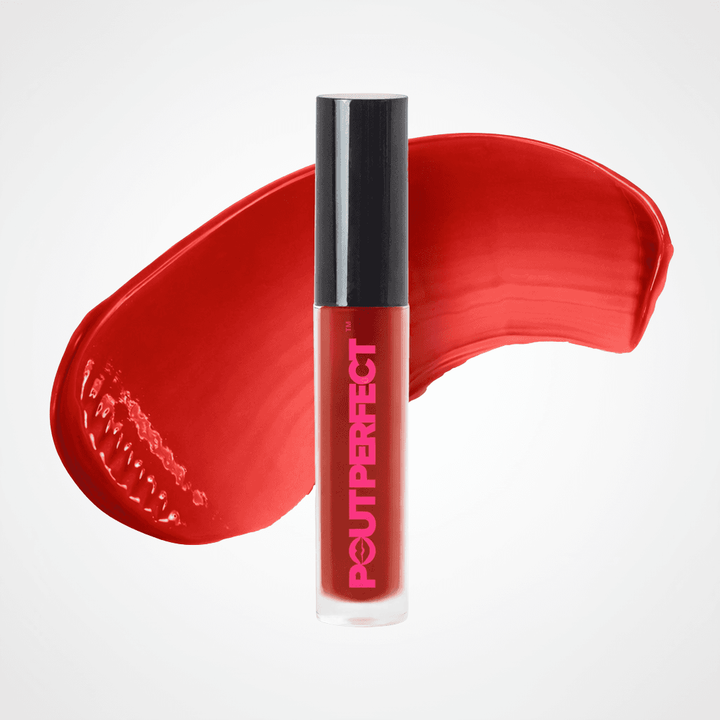 Red lip gloss with 'Pout Perfect' text on a white background Brick