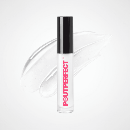 A clear cosmetic tube with a black cap and bold pink 'POUT PERFECT' branding, centered over a translucent white swipe on a light gray background. Clear