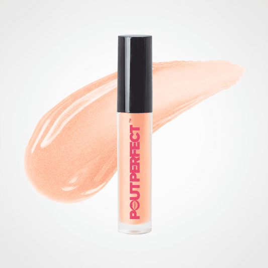 A tube of Pout Perfect liquid lip gloss in a peachy nude shade with a black cap, shown in front of a matching glossy lip gloss swatch on a clean white background. Dripping Gold