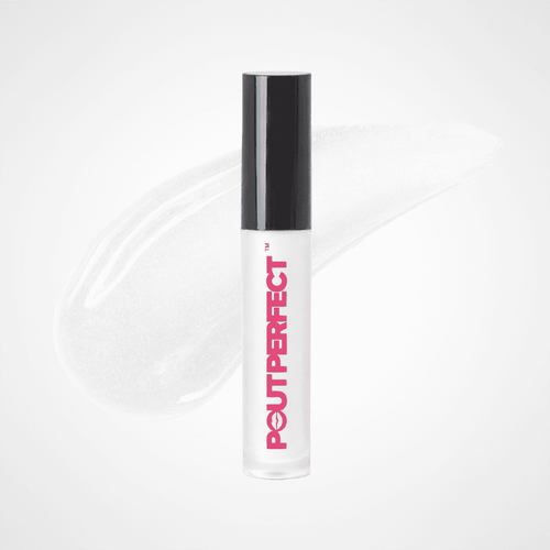 A clear cosmetic tube with a black cap and pink 'PEUTPERFECT' branding, centered against a white background with a soft translucent product smear behind it. Glamour