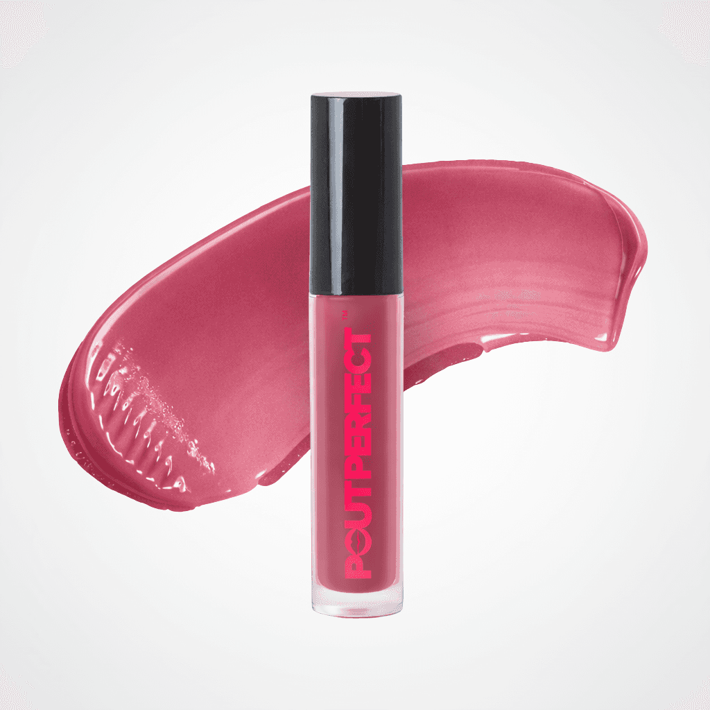 A tube of POUT PERFECT liquid lipstick in a glossy pink shade, standing upright in front of a matching pink product smear on a clean off-white background. Lavender