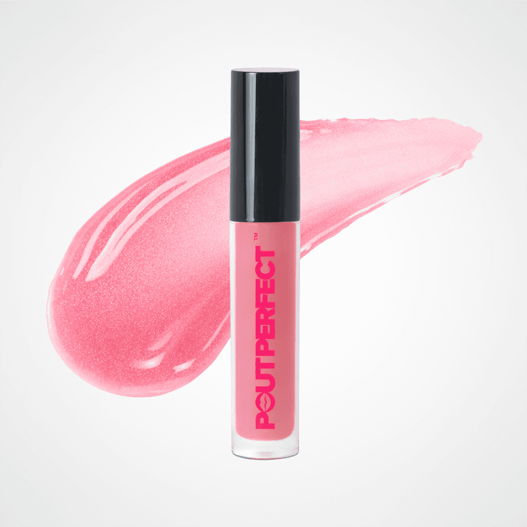 A tube of Pout perfect liquid lipstick in a vibrant pink shade, standing upright in front of a matching pink swatch on a clean white background. Mahogany