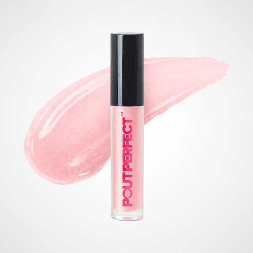 A POUT PERFECT lip gloss tube with a black cap, standing upright in front of a pink glittery swatch on a clean white background. Pearl