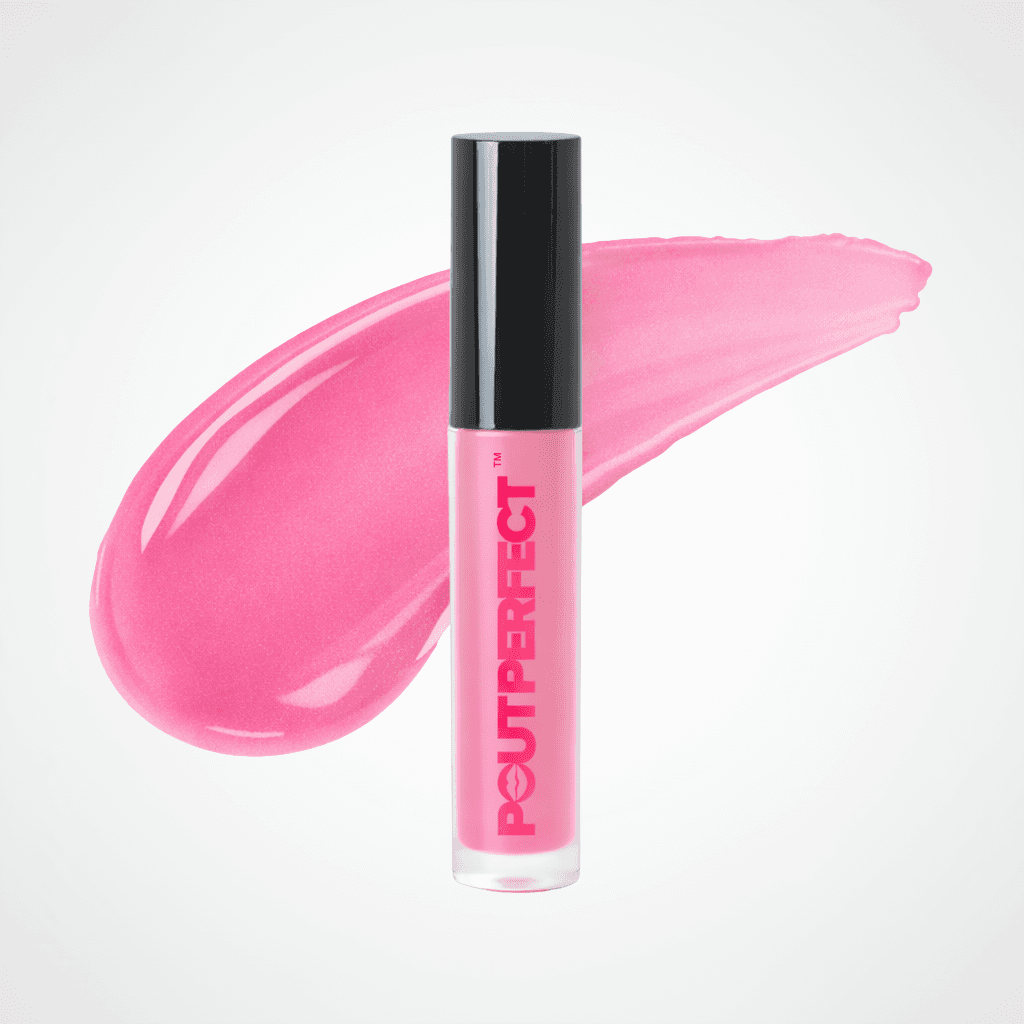 A tube of Pout perfect liquid lipstick in a vibrant pink shade, standing upright in front of a matching glossy pink swatch on a clean white background. Pinky