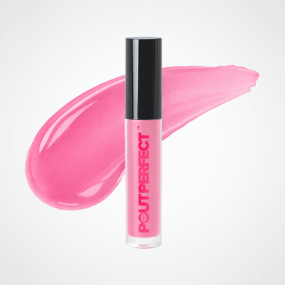 A tube of Pout perfect liquid lipstick in a vibrant pink shade, standing upright in front of a matching glossy pink swatch on a clean white background. Pinky