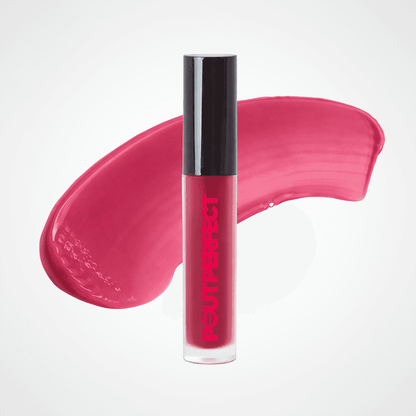 A tube of Couture Perfect liquid lipstick in a vibrant pink shade, standing upright in front of a matching pink product smear on a clean white background. Rouge