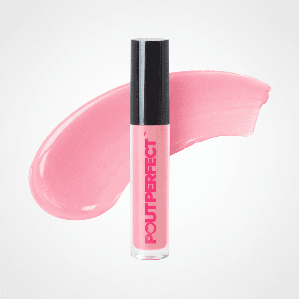 A tube of Pout perfect lip gloss in a light pink shade, standing upright in front of a matching pink cosmetic smear on a clean white background. Shine