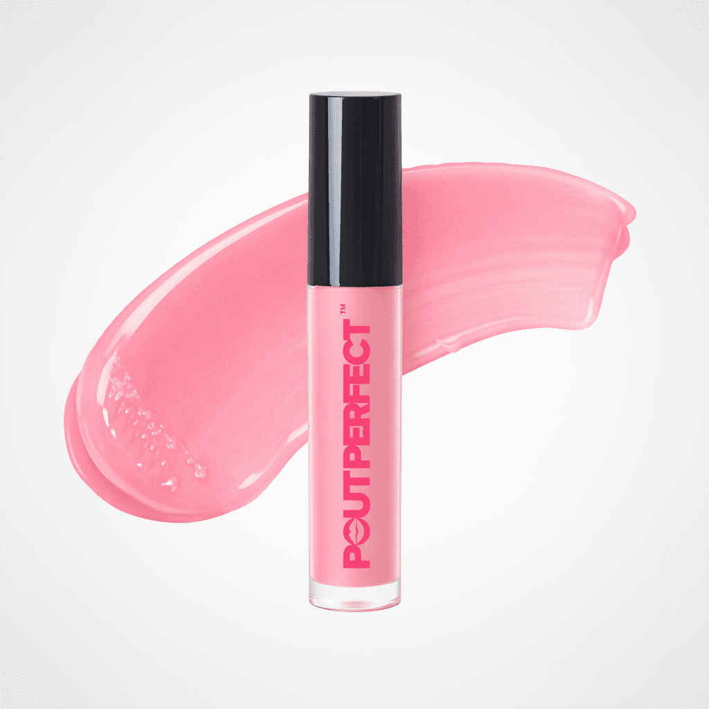 A pink liquid lip gloss tube with a black cap, standing in front of a large pink product swatch on a light gray background. The tube is labeled 'POUTPERFECT'. Sienna