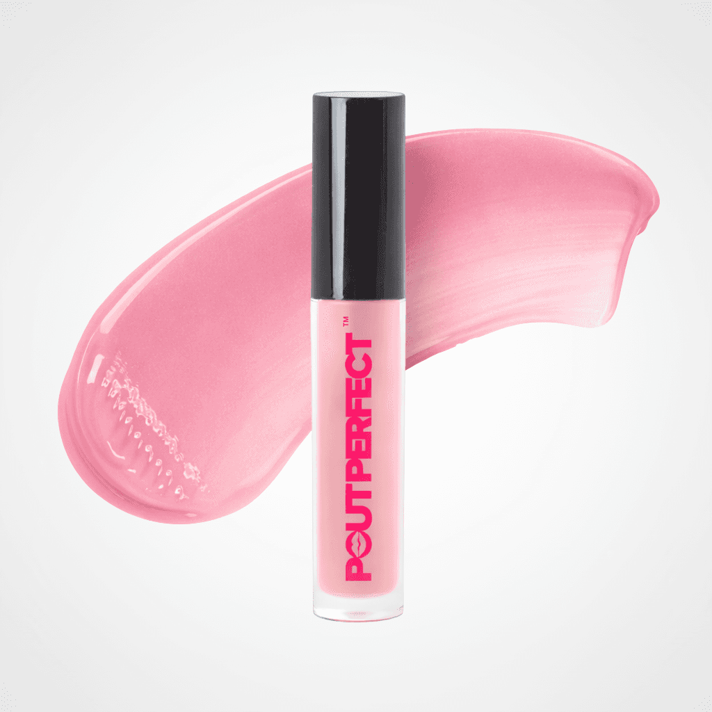 A tube of Peut perfect liquid lipstick in a light pink shade, shown upright in front of a matching pink color smear on a clean white background. Tropical Pink