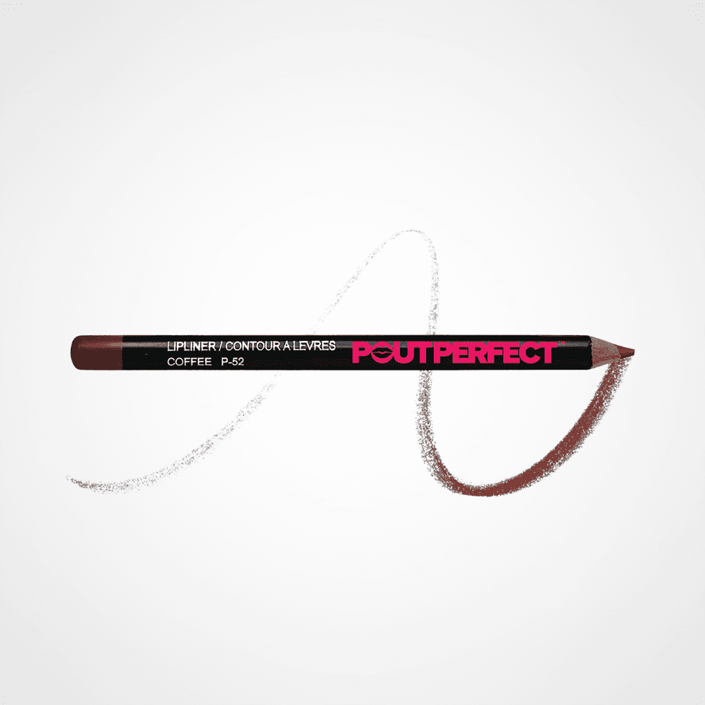 A Pout perfect lip liner pencil in the shade Coffee, shown horizontally with a swatch line of the brown makeup extending behind it on a clean white background.  Coffee