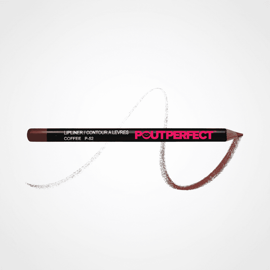 A Pout perfect lip liner pencil in the shade Coffee, shown horizontally with a swatch line of the brown makeup extending behind it on a clean white background.  Coffee