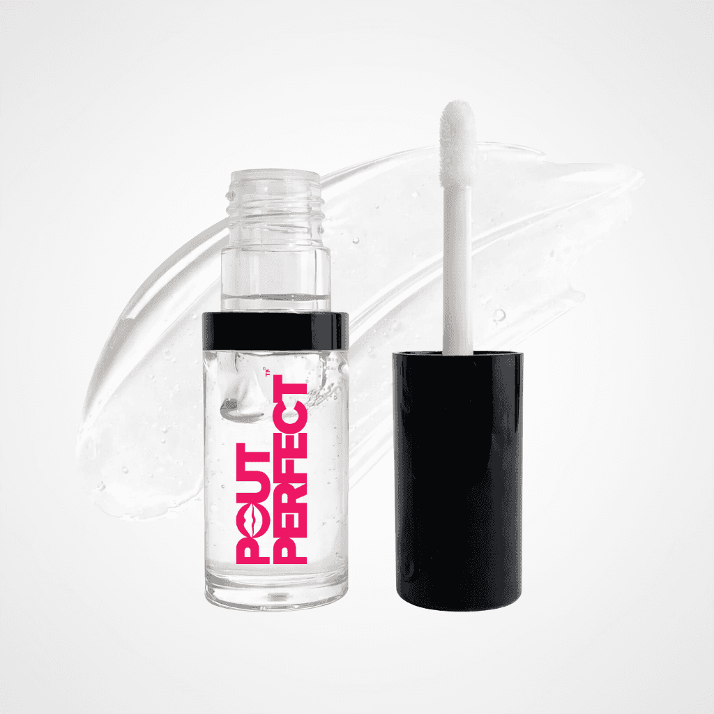 A clear cosmetic bottle labeled 'OUT PERFECT' in bright pink text, shown open with a black cap and white applicator wand on a clean white background with a translucent makeup smear behind it. Glass Slipper