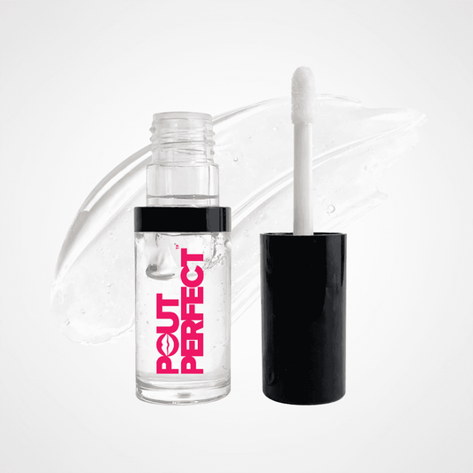 A clear cosmetic bottle labeled 'OUT PERFECT' in bright pink text, shown open with a black cap and white applicator wand on a clean white background with a translucent makeup smear behind it. Glass Slipper