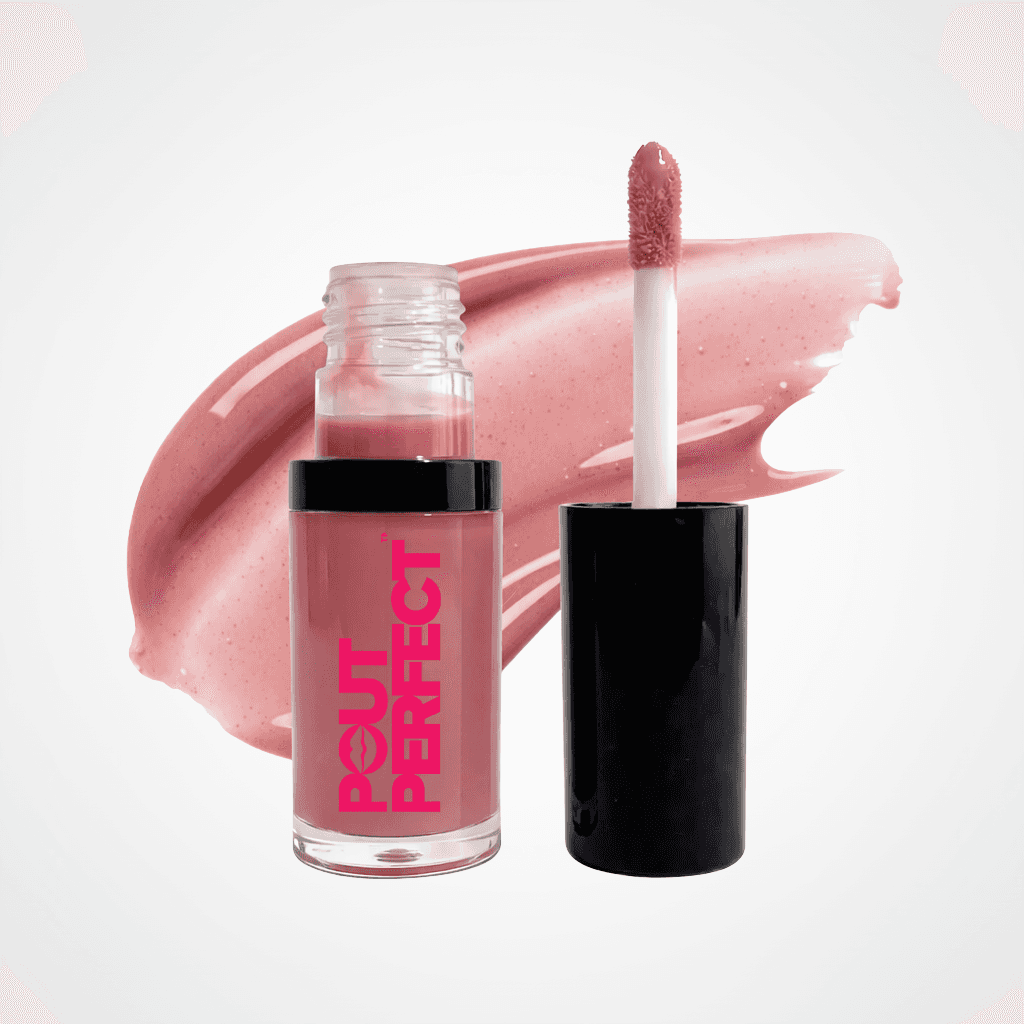 A clear cosmetic bottle labeled 'Pout PERFECT' in bright pink, shown next to its black cap with a doe-foot applicator. A glossy pink product smear is displayed behind them on a clean white background. Love Letter