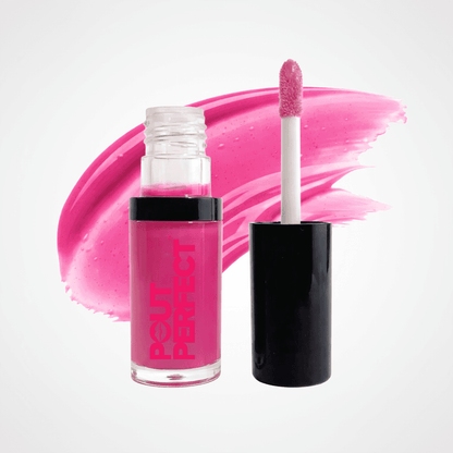 A clear cosmetic tube filled with bright pink liquid lip gloss or liquid blush, shown next to its black cap and applicator wand, with a large pink product smear behind them on a light gray background. Sheer Hot Pink