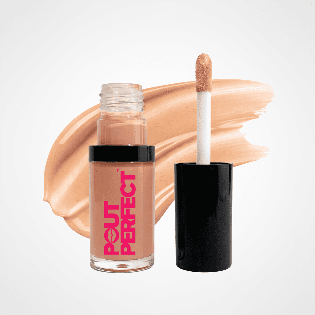 Pout Perfect liquid lip color in a clear bottle with a black cap, shown next to its applicator wand and a large peach-beige product swatch on a light gray background. Unbutton