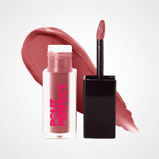 A bottle of Rout Perfect liquid lipstick next to its applicator wand, with a matching pink swatch of the lipstick applied behind them on a light gray background. Dark Cherry