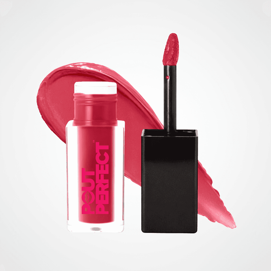 Pout Perfect liquid lipstick in a vibrant pink shade, shown with its clear bottle, black cap, applicator wand, and a matching pink smear on a light gray background. Deep Burgundy