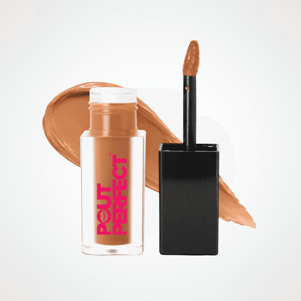 Pout Perfect liquid makeup in a clear bottle with a black cap, shown next to a black doe-foot applicator and a tan makeup smear on a white background. Taupe