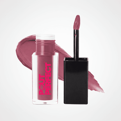 A bottle of Rout Perfect liquid lipstick with its applicator wand shown next to a large pinkish-purple color swatch on a clean white background. Twilight