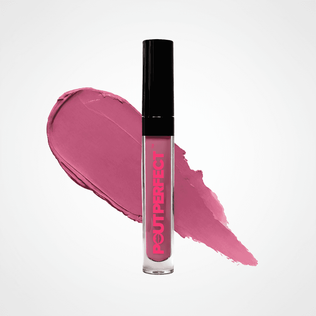 A clear tube of POUT PERFECT liquid lipstick with a black cap, standing in front of a pink makeup smear on a light gray background. Berry Berry