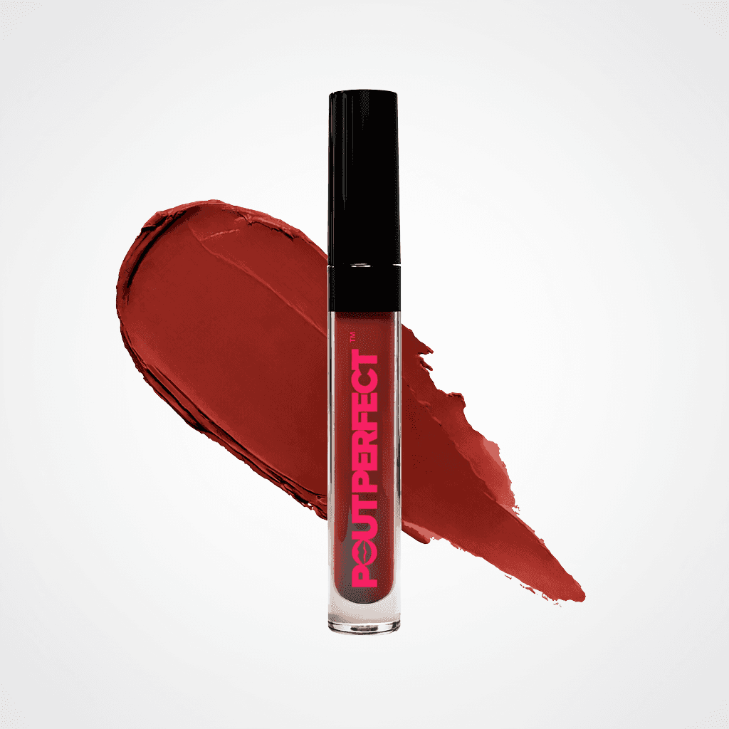 Lip gloss with red color swatch and 'Pout Perfect' branding on a white background Brickhouse
