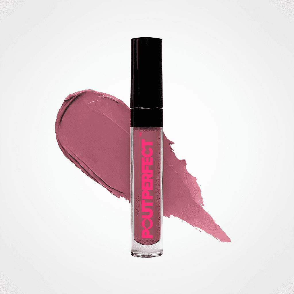 A clear tube of liquid lipstick with a black cap stands upright against a white background, with a pinkish mauve product smear behind it. The tube has the brand name 'POUTPERFECT' printed vertically in pink. Mulberry