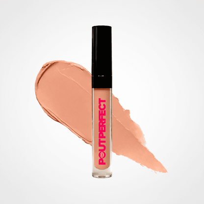 A tube of Peutperfect liquid blush in a warm peachy nude shade, standing upright in front of a matching cream swatch on a clean white background.