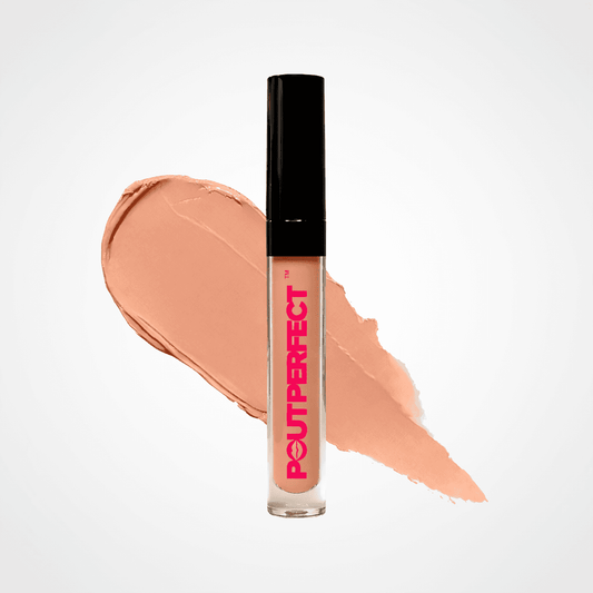 A tube of Pout perfect liquid blush in a warm peachy nude shade, standing upright in front of a matching cream swatch on a clean white background. Ritzy