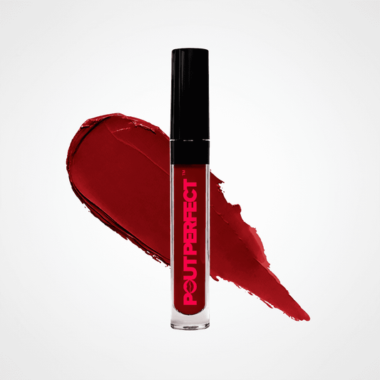 A tube of POUT PERFECT liquid lipstick in a deep red shade, shown upright on a light gray background with a matching red product smear behind it. Rouge