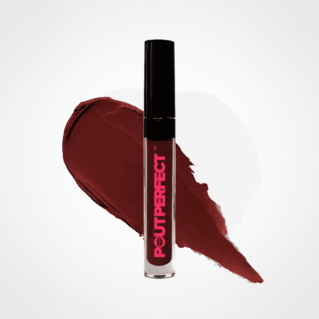 A clear tube of Peutperfect liquid lipstick with a black cap, standing in front of a large deep berry-brown color swatch on a light gray background. Vixen