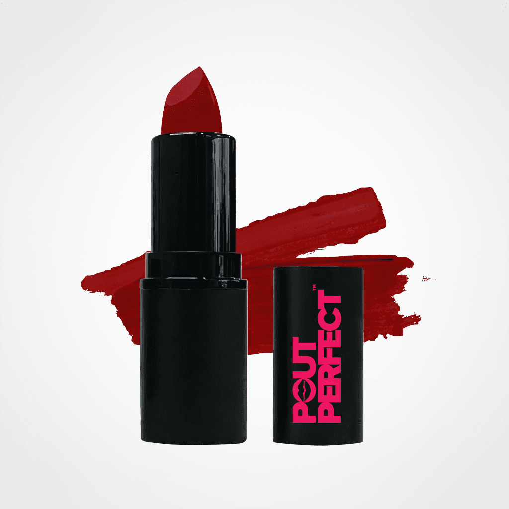 A black lipstick tube with a deep red lipstick bullet, shown next to its matching black cap featuring pink 'POUT PERFECT' branding, set against a white background with a red lipstick swatch behind it. Cherry Tart