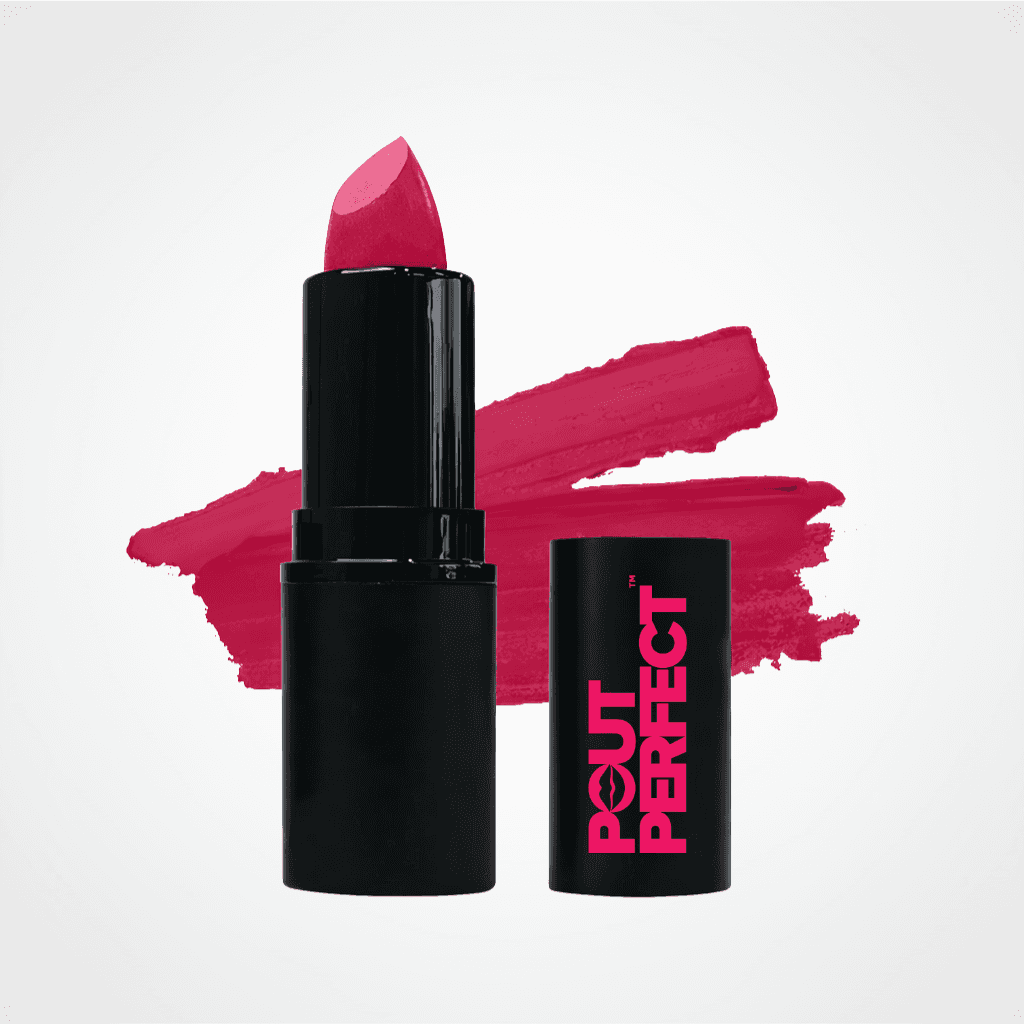 A black lipstick tube with a bright pink lipstick bullet standing upright, alongside its matching black cap printed with the brand name 'POUT PERFECT' in pink. A textured pink lipstick swatch is painted in the background on a clean white studio backdrop. Fuchsia Fever