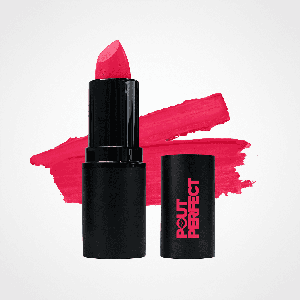 A pink lipstick bullet in a black tube stands next to its matching black cap, which features the brand name 'POUT PERFECT' in pink. A vibrant pink paint swatch is displayed behind them on a clean white background.