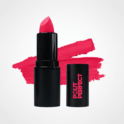 A pink lipstick bullet in a black tube stands next to its matching black cap, which features the brand name 'POUT PERFECT' in pink. A vibrant pink paint swatch is displayed behind them on a clean white background.