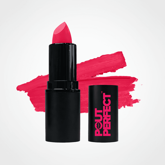 A pink lipstick bullet in a black tube stands next to its matching black cap, which features the brand name 'POUT PERFECT' in pink. A vibrant pink paint swatch is displayed behind them on a clean white background. Poison Apple